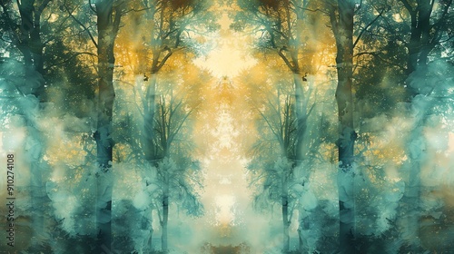 A symmetrical, dreamlike forest scene with glowing light and misty trees. photo