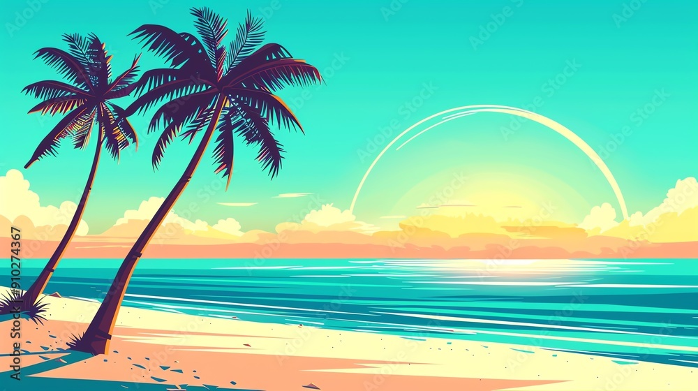 Obraz premium A tropical beach scene with palm trees and a rainbow over the ocean at sunset. A perfect summer escape.