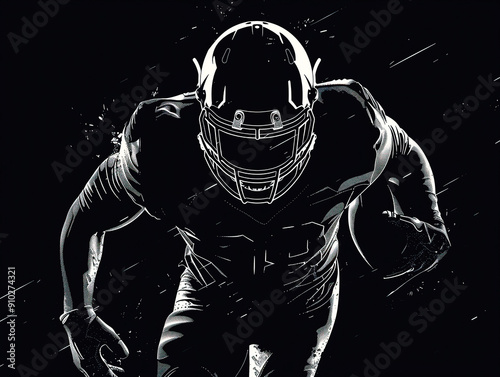 American football player with ball in his hands. Athlete in protective helmet in dynamic motion. Concept of sports, hobbies. Black and white poster. Copy space.