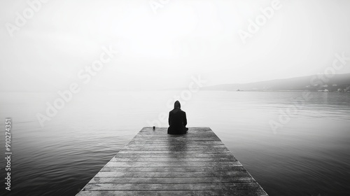 Solitude person on pier, contemplating of water and fog on horizon in misty, peaceful nature with reflection. Monochrome perspective quietness and meditative concept