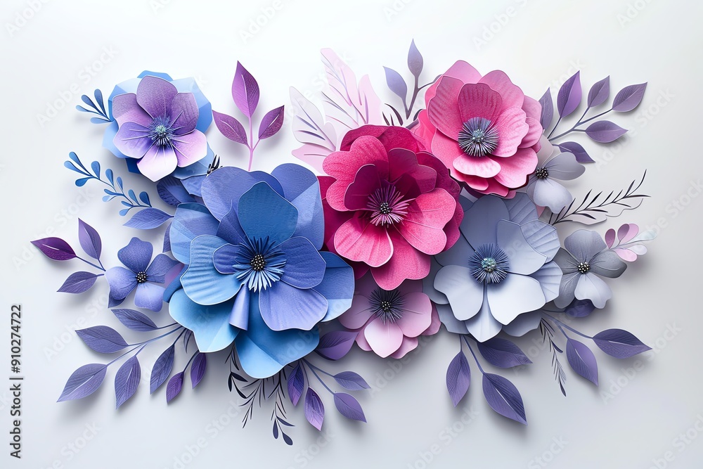 Flower images in layered paper cut style, white background, purple, pink, blue Flower images in layered paper cut style, white background, purple, pink, blue