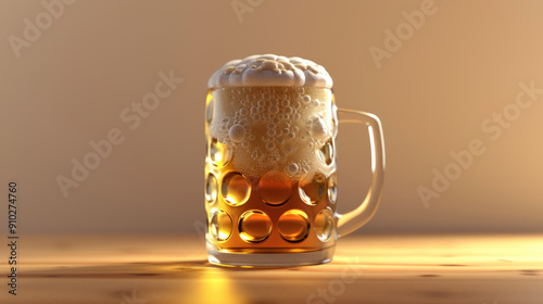 Close-up Glass beer mug filled with amber beer and foam on a beige background with copy space. Studio shot for beer promotion. Design for poster, banner, wallpaper.