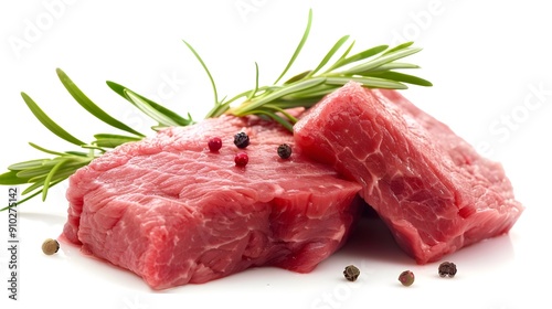 Succulent Red Meat Cuts with Fresh Herbs and Spices on White Background