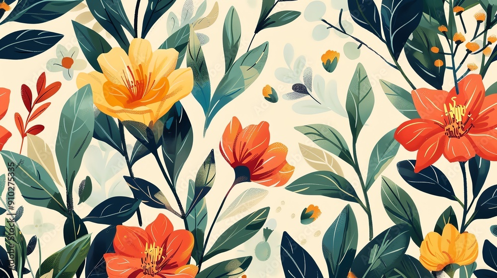 A vibrant floral pattern featuring red and yellow flowers with green leaves on a light background. A vibrant floral pattern featuring red and yellow flowers with green leaves on a light background.