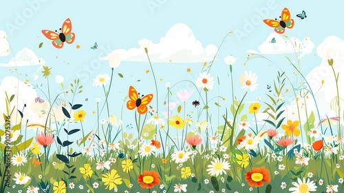 A vibrant field of wildflowers with butterflies fluttering in the summer sky. photo