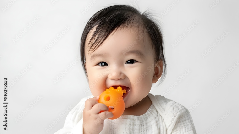 Adorable Asian Baby Boy Happily Enjoying Healthy Orange Snack Adorable Asian Baby Boy Happily Enjoying Healthy Orange Snack