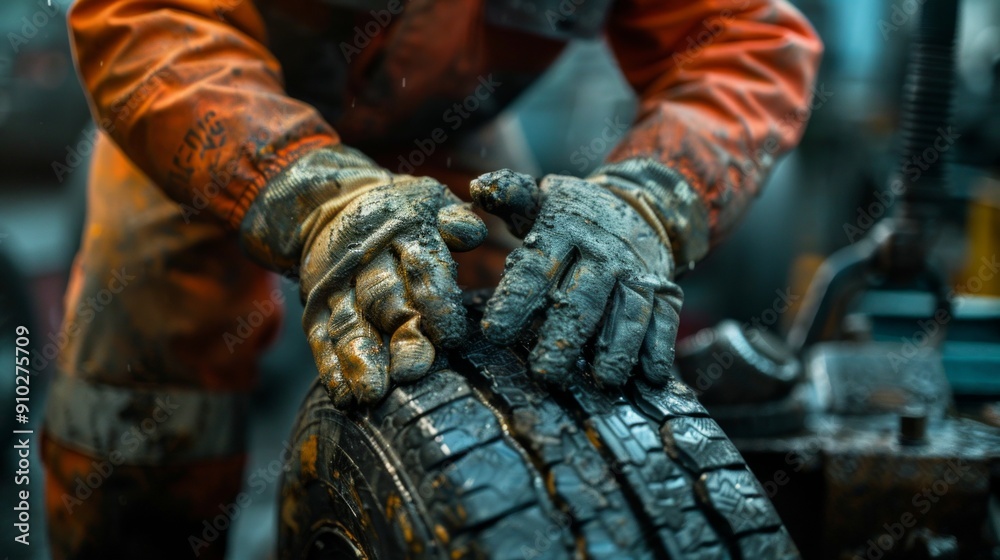An individual in orange coveralls, working on a dirty tire in a garage or workshop, portrayed through close-up imagery. An individual in orange coveralls, working on a dirty tire in a garage or workshop, portrayed through close-up imagery.