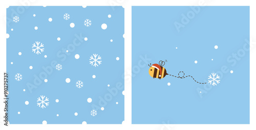 Seamless pattern with snowflakes on blue sky background. Bee cartoon and snow vector.