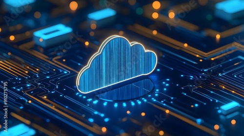 Digital cloud computing technology concept displayed on a circuit board, representing data storage and internet connectivity.