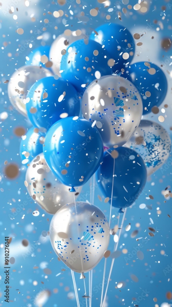 Group of white & blue balloons with ribbons, gold & silver confetti on a bright blue background. Festive & lively atmosphere conveyed by the image. Group of white & blue balloons with ribbons, gold & silver confetti on a bright blue background. Festive & lively atmosphere conveyed by the image.