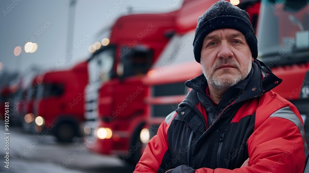 Seasoned Commercial Truck Driver Navigating Snowy Highway on Winter Workday Seasoned Commercial Truck Driver Navigating Snowy Highway on Winter Workday