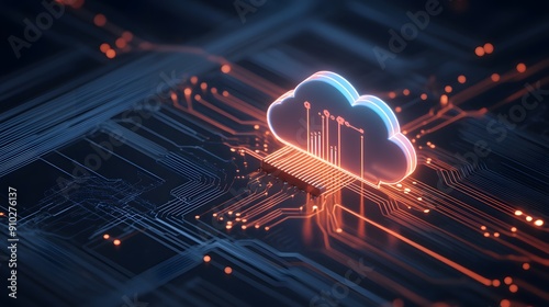 Digital cloud computing technology illustration, depicting futuristic data storage and network connections in a virtual environment. photo