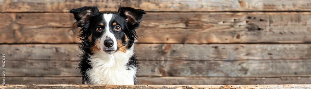 A curious Border Collie sitting on a rustic wooden background with space above for text A curious Border Collie sitting on a rustic wooden background with space above for text