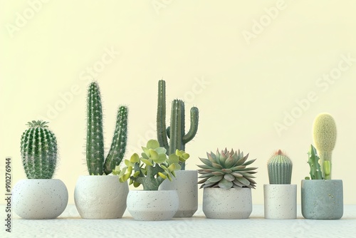 A diverse group of cacti and succulent plants in modern containers, isolated on a light yellow-white background.