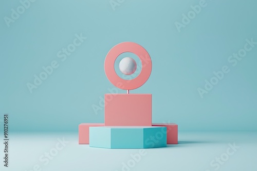 Minimalistic geometric shapes in pastel colors on a soft blue background. Modern abstract composition for design and art projects.