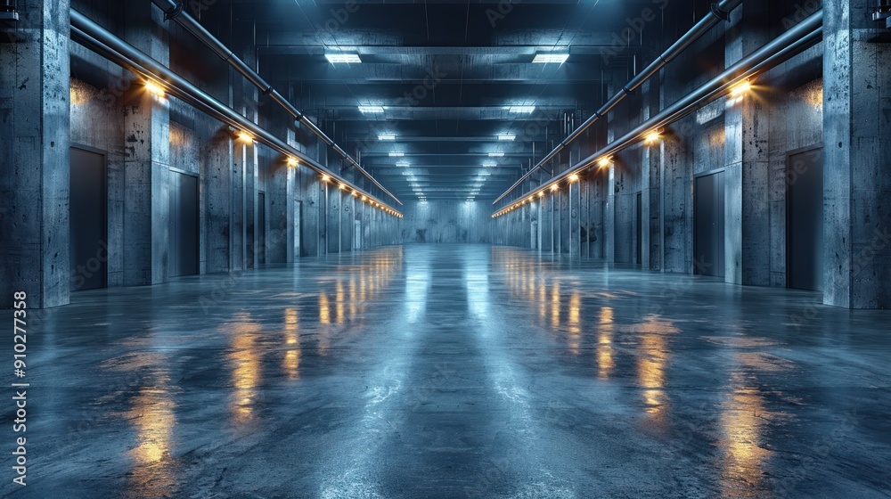 Industrial Corridor with Wet Floor and Bright Lights Industrial Corridor with Wet Floor and Bright Lights