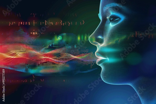 Woman engrossed in using a digital interface, her face illuminated by the screen, AI generated