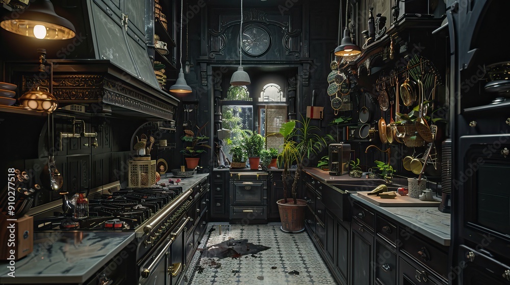 Elegant dark kitchens with luxurious decor, green plants, and cozy ambiance. AI generated image background Elegant dark kitchens with luxurious decor, green plants, and cozy ambiance. AI generated image background