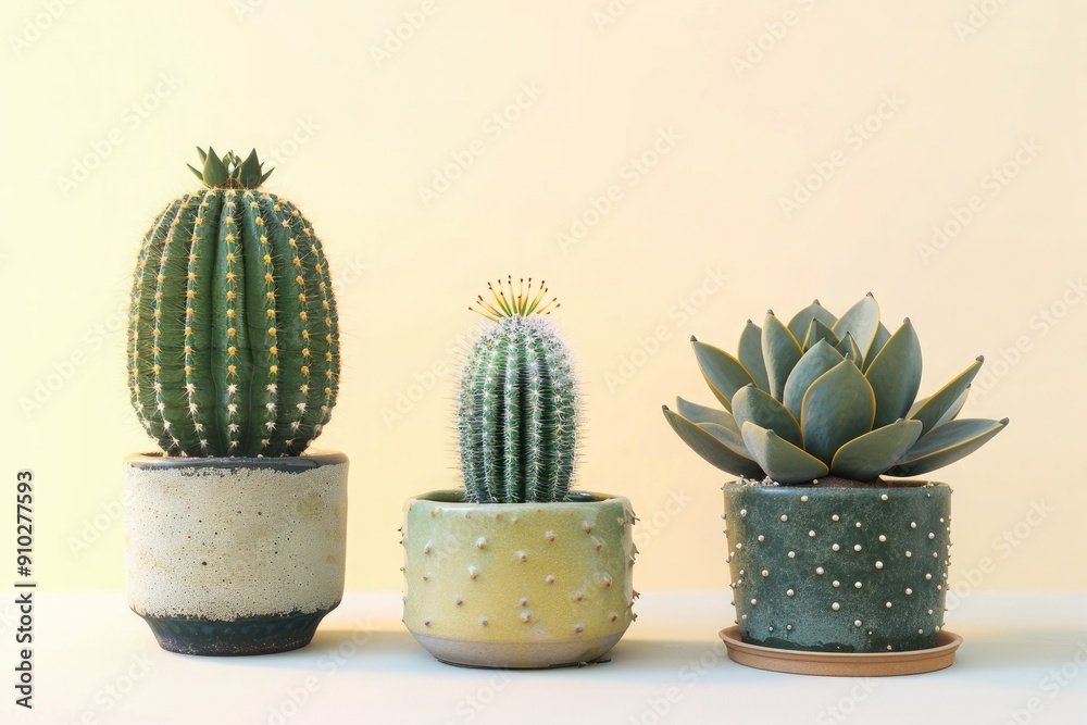 A group of four stylish indoor cacti and succulents in various pots, set against a light yellow-white background. A group of four stylish indoor cacti and succulents in various pots, set against a light yellow-white background.