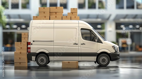 delivery or movers service van full of cardboard boxes for fast delivery and logistic shipments concepts with empty mockup copyspace area photo