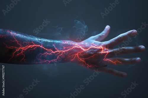 Awardwinning studio shot, medical, sharp electric pain effect, one hand holding back pain, simple and minimal dark background photo