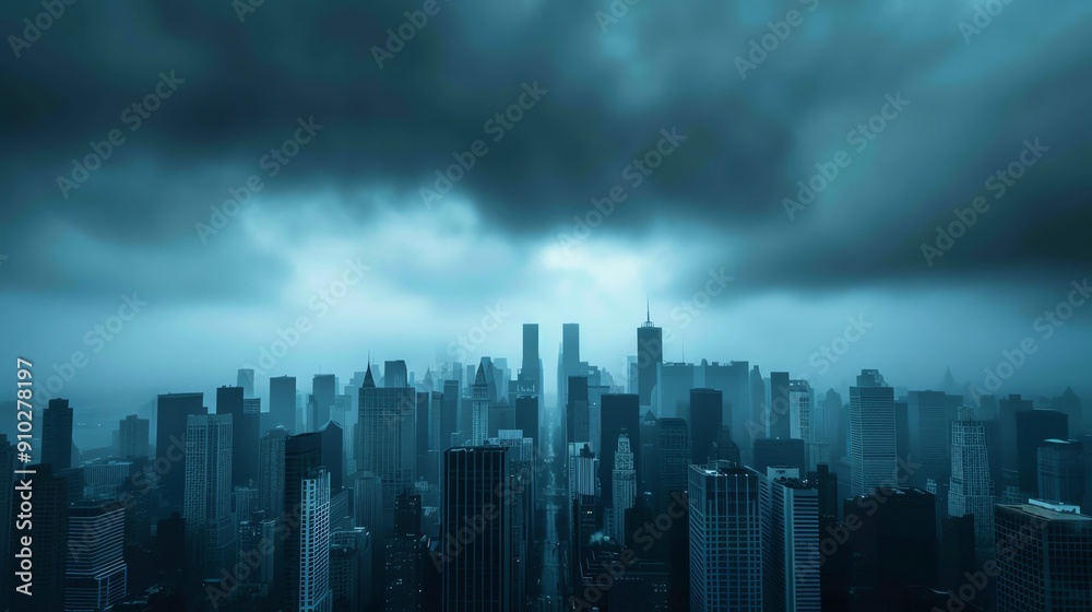 City skyline in blackout, dark buildings, without power, dramatic and eerie City skyline in blackout, dark buildings, without power, dramatic and eerie