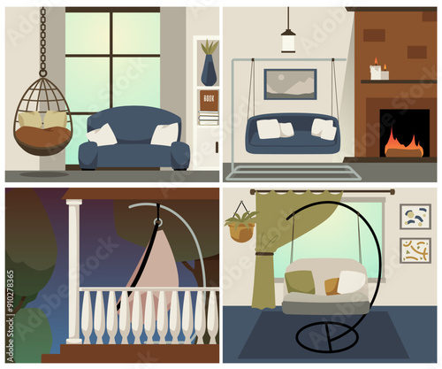 Interior design collection with hanging swing. Vector flat illustration.