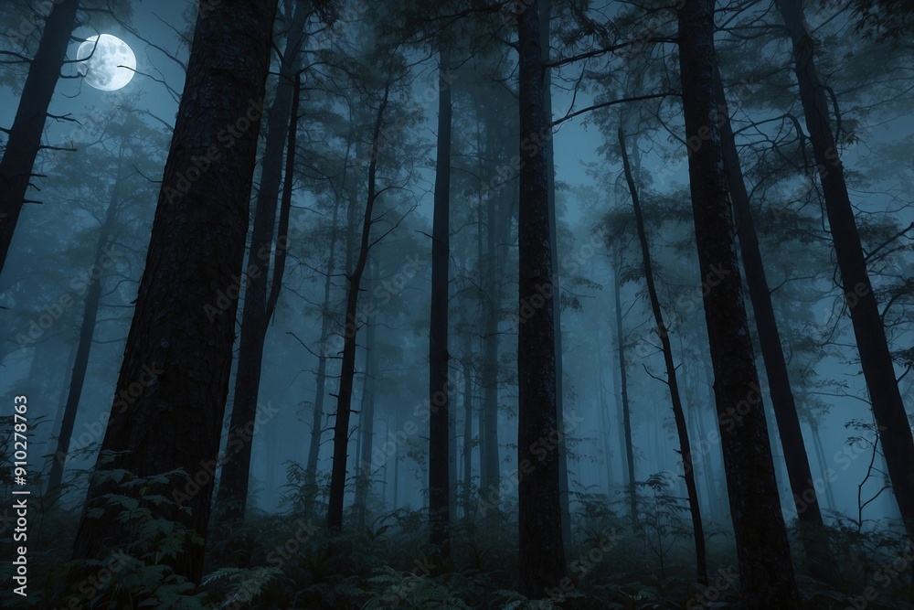 Fototapeta premium Dark Forest with Full Moon and Pale Blue Mist