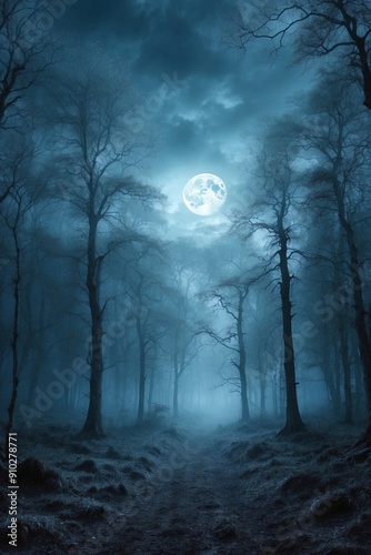 Dark Forest with Full Moon and Pale Blue Mist