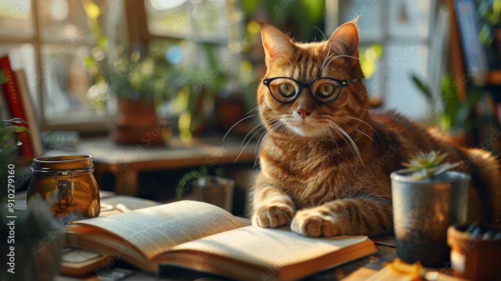 A creative scene of a cat sitting at a desk, wearing glasses and appearing to read a book A creative scene of a cat sitting at a desk, wearing glasses and appearing to read a book