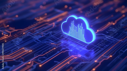 Digital cloud storage concept with glowing cloud icon on a futuristic circuit board background. Modern technology and data concept.