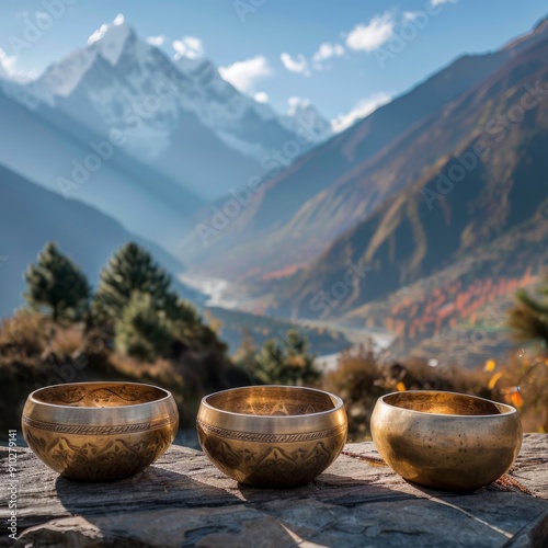 Tibetan singing bowls with picturesque view of Himalayan mountains at sunrise. Meditation, Healing, Mindfulness, Sound Therapy. Meditation, zen. Culture and yoga concept
