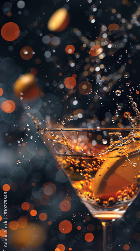 Close-Up of Splashing Cocktail in Glass with Bokeh Lights Close-Up of Splashing Cocktail in Glass with Bokeh Lights