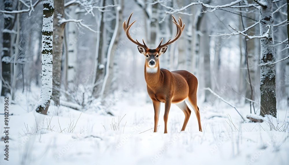 Noble Deer Male in Winter Snow Forest Noble Deer Male in Winter Snow Forest