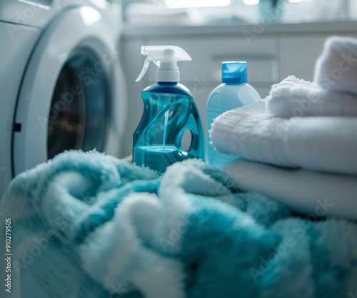 Laundry room with washing machine, detergent bottle and folded clothes, background photo