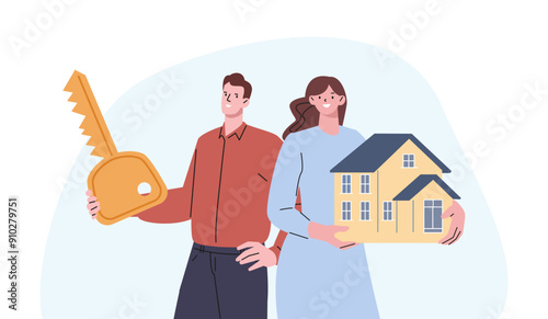 Happy property buyers. Couple buy house for family life. Young man hold giant key, smiling woman hold home model. Builders, real estate managers, vector characters