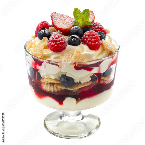 Delicious dessert with whipped cream, berries, and a red sauce.