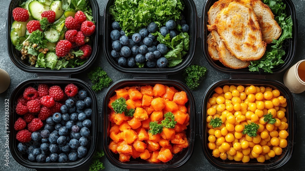 Top View of Healthy Takeaway Food in Black Plastic Containers with Sandwiches, Salad Dishes, Fresh Vegetables, Fruits, Chicken Fillet, Tuna Fish Slices, Meatballs, Legumes, and Berries on Grey 