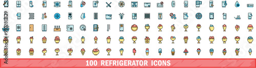 100 refrigerator icons set. Color line set of refrigerator vector icons thin line color flat on white