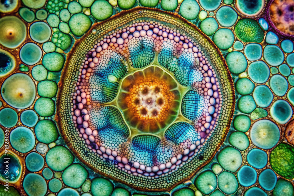 Vibrant microscopic view of a cross-sectioned plant stem slice reveals ...
