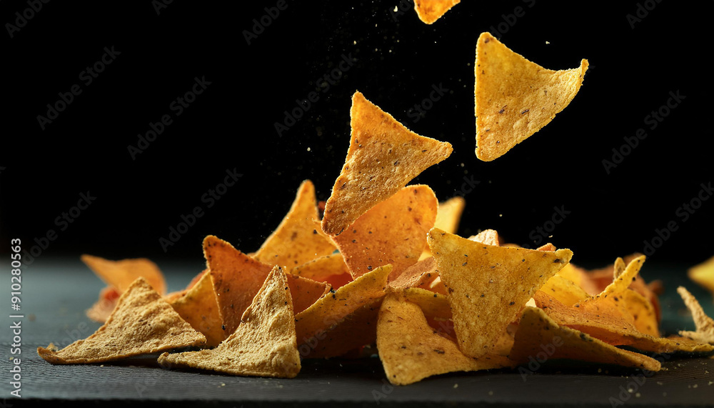 Nachos chips falling. Tasty fast food. Delicious snack.