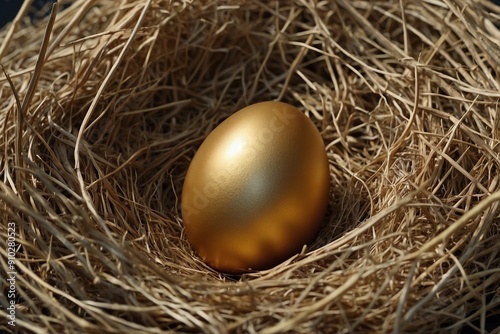 Golden Egg in a Cute Nest. Cozy Nest with a Golden Egg