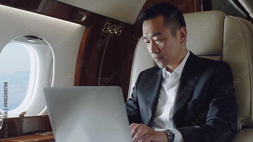 Businessman working on laptop in private jet. A successful entrepreneur works on his laptop in the comfortable confines of a private jet, illustrating a life of luxury and achievement. Businessman working on laptop in private jet. A successful entrepreneur works on his laptop in the comfortable confines of a private jet, illustrating a life of luxury and achievement.