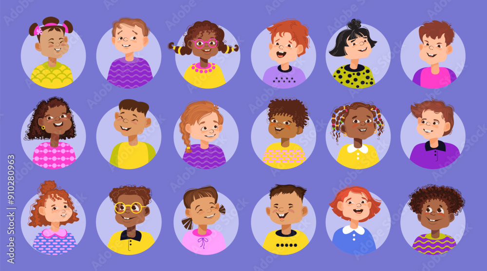 Cute cartoon children. Set of diverse portrait avatars. Bundle of smiling faces of boys and girls. Diverse multiethnic children avatars. Colorful isolated icon collection. Vector flat illustration. Cute cartoon children. Set of diverse portrait avatars. Bundle of smiling faces of boys and girls. Diverse multiethnic children avatars. Colorful isolated icon collection. Vector flat illustration.