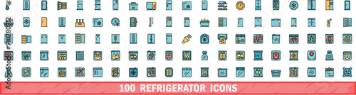 100 refrigerator icons set. Color line set of refrigerator vector icons thin line color flat on white