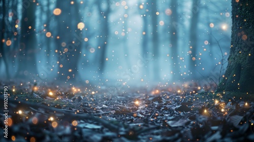 Enchanted forest with fairy lights. Mystical woodland scene with glowing lights and a hazy atmosphere. Perfect for fantasy, magic, and nature-themed projects.