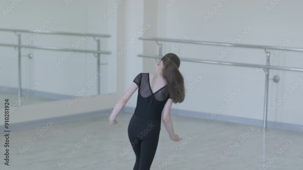 Young ballet girl at studio lesson. Training performance. Stretching exercise pose. Ballerina practice balance technique. Classical elegance fitness.