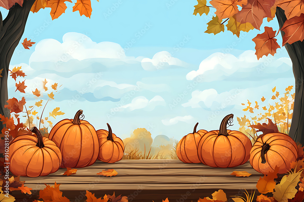 Autumn composition of three pumpkins for Halloween with funny faces and smiles in nature in forest on carpet of yellow and orange dry leaves.