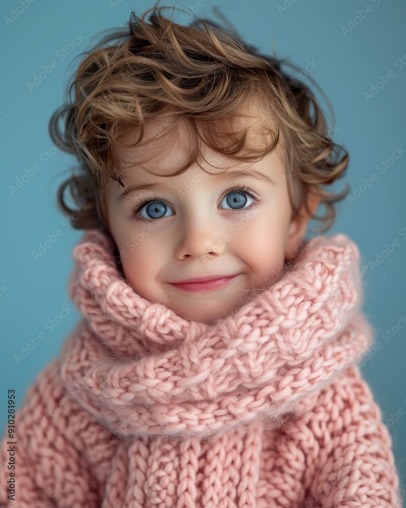 Adorable child with blue eyes and curly hair wearing pink knitted sweater and scarf Adorable child with blue eyes and curly hair wearing pink knitted sweater and scarf