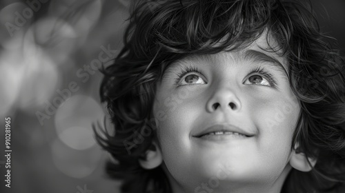 Black and white portrait of boy with curls close-up. Dreams concept